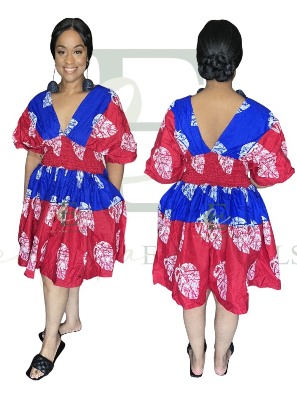Red & Blue African Smocked Mini Dress | One Size (S–XL)